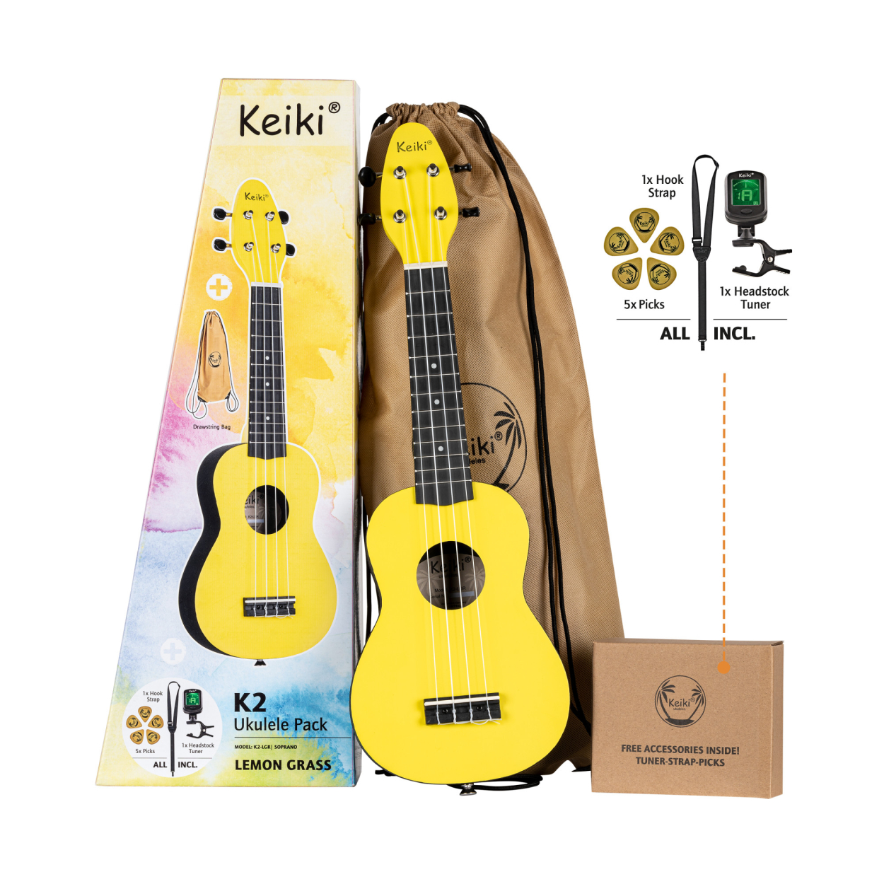 KEIKI K2 Series Soprano Ukulele Set - Agathis / ABS Lemon Grass K2-LGR