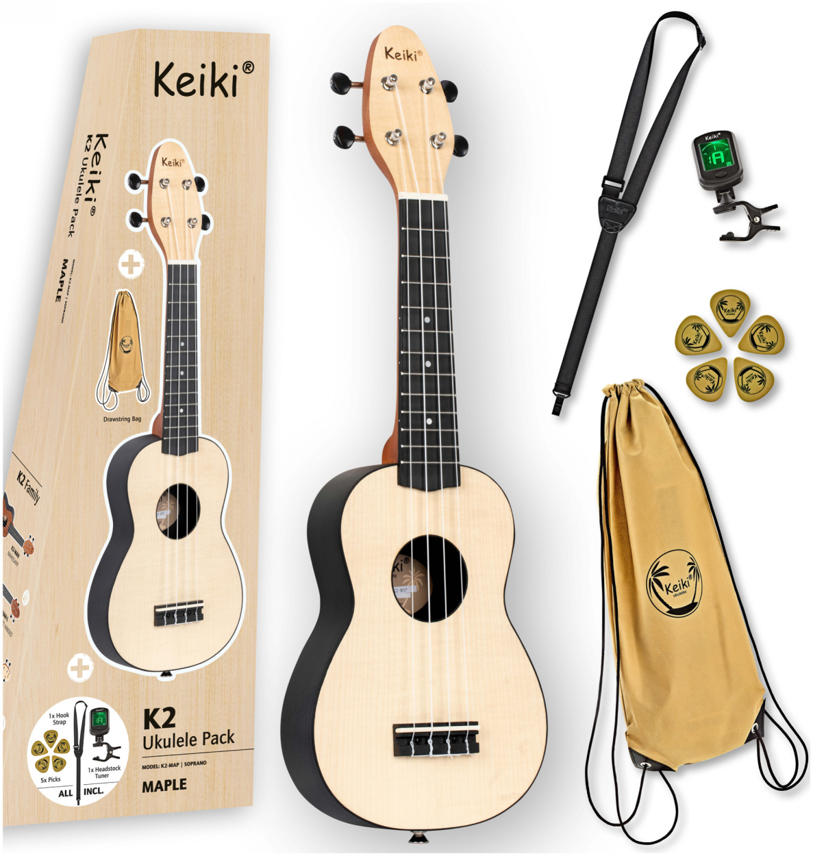 KEIKI K2 Series Soprano Ukulele Set - Maple Natural / ABS K2-MAP