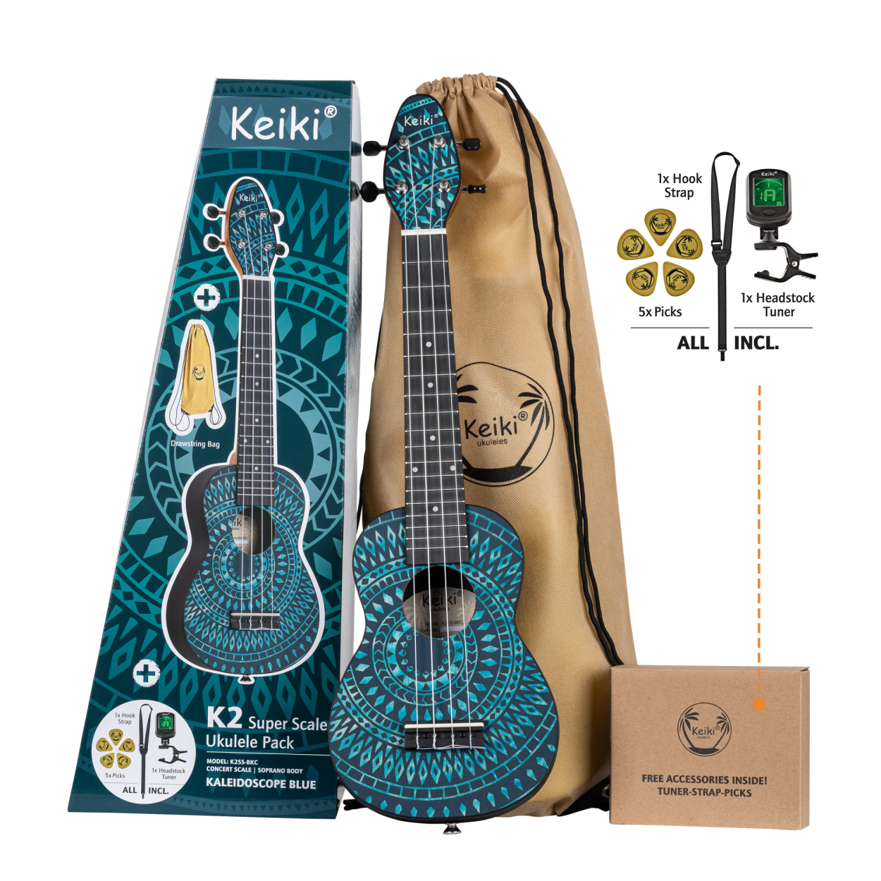 KEIKI K2 Series Superscale Soprano Ukulele Set - Agathis / Blue Kaleidoscope K2SS-BKC
